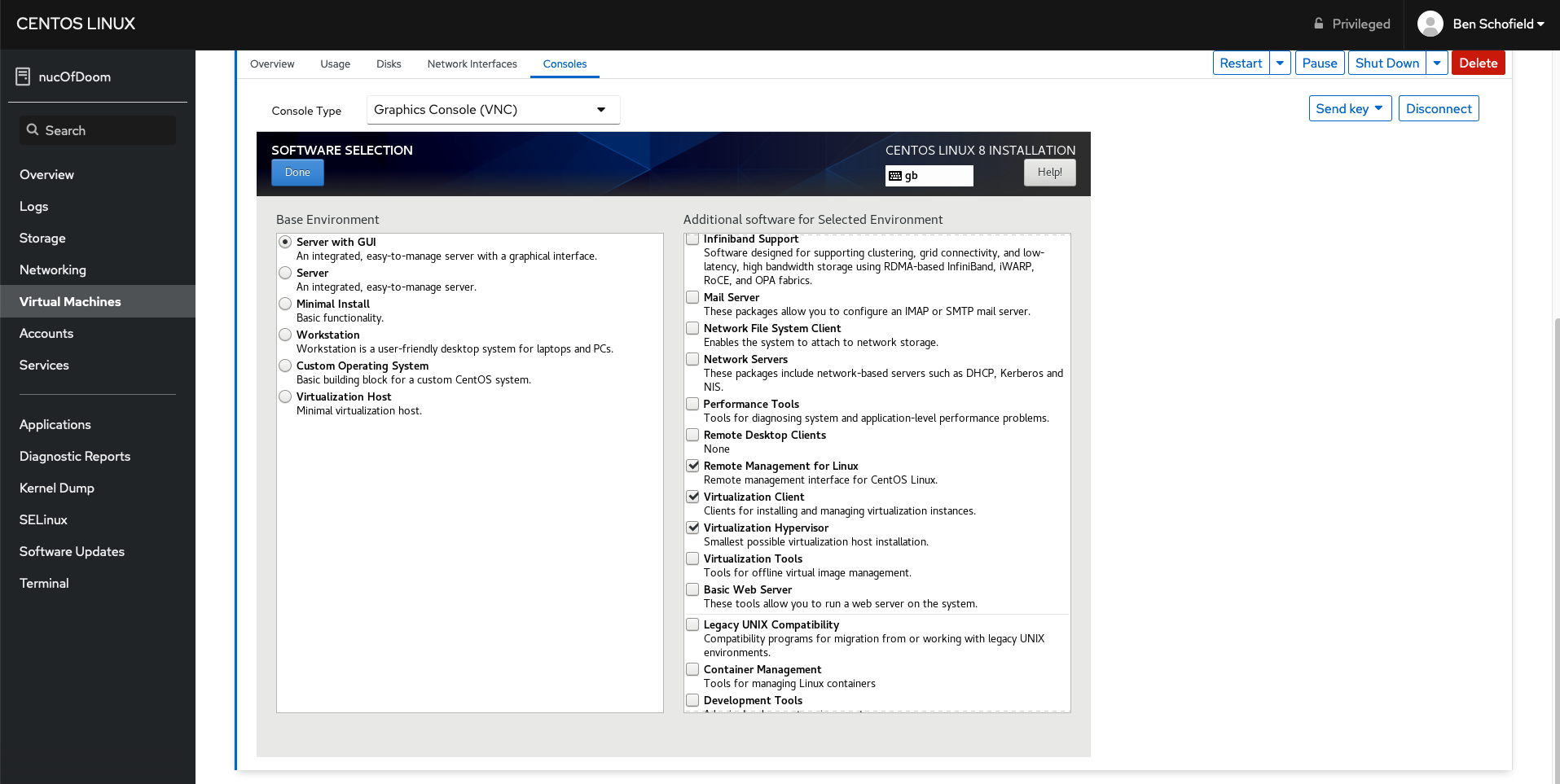 Virtual machine install page running in browser