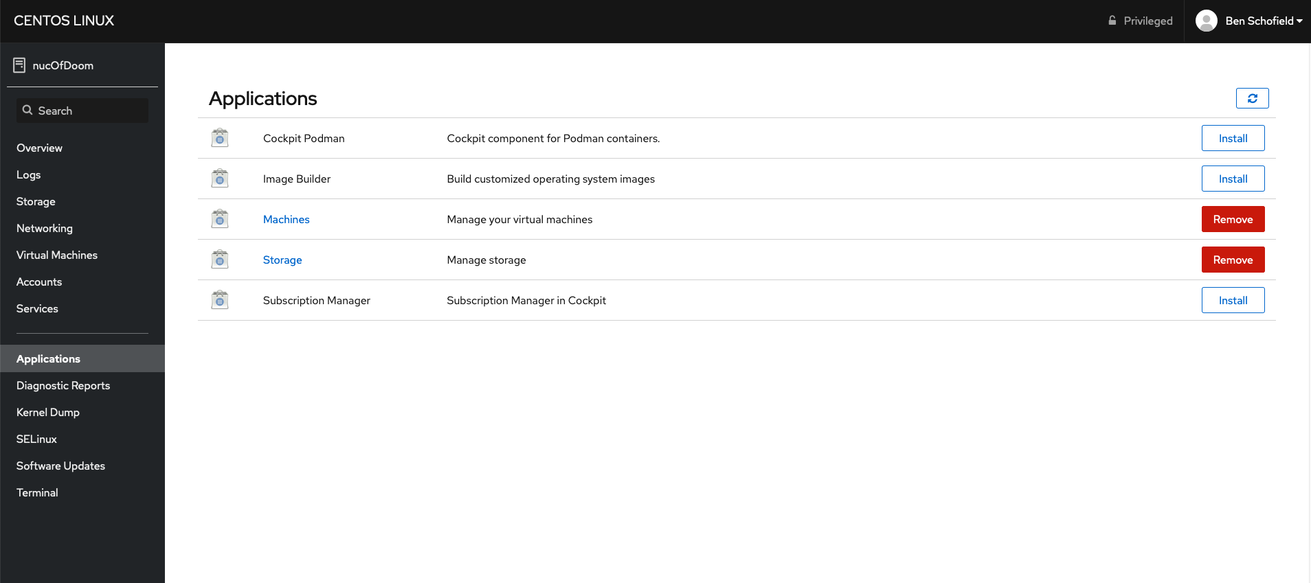 Cockpit application management page