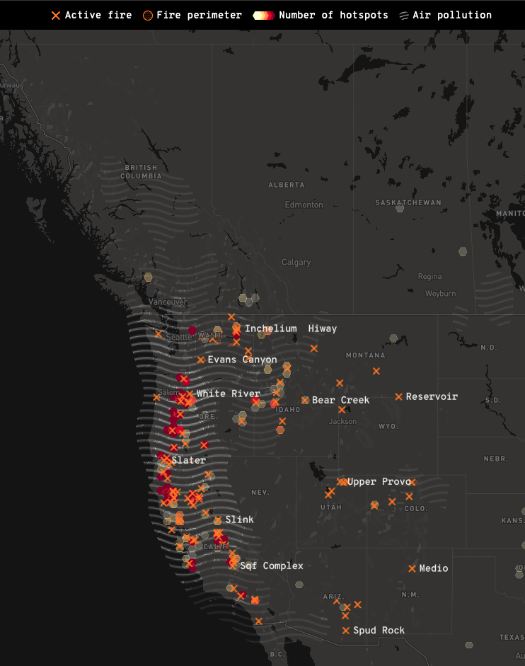 Screenshot of a map of California Wildfires, showing fires all along the West Coast of America, with the air pollution stretching halfway up the length of British Columbia. Taken from https://www.latimes.com/wildfires-map/ on the 11th of September