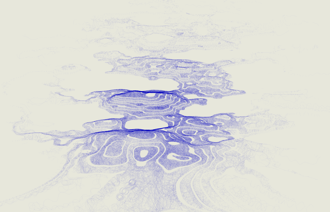 A piece of generative art that looks like a topographical map, drawn in faint blue lines